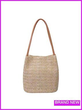 Straw Woven Tote Handbag Shoulder Bag PU Leather Handles